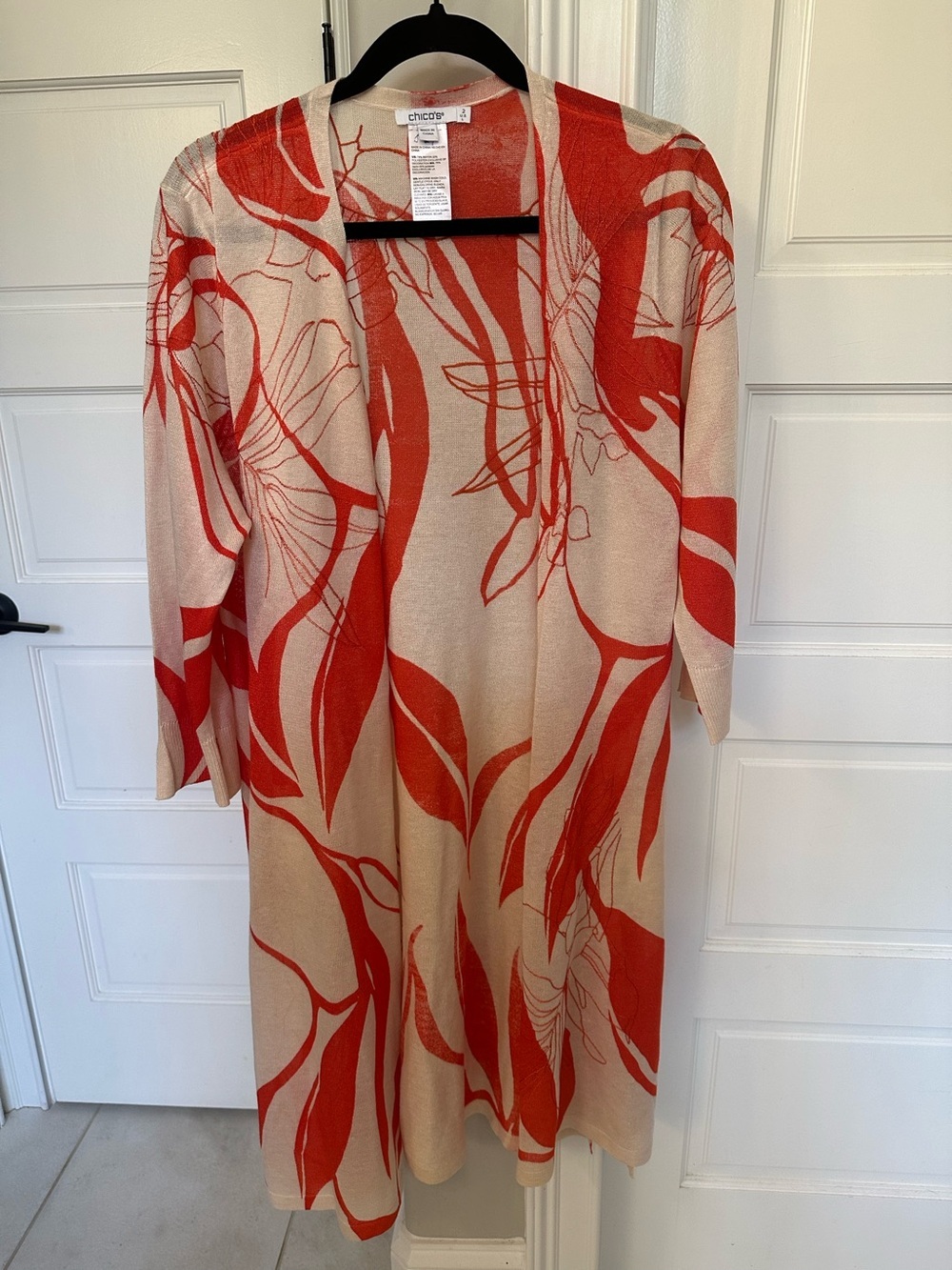 Chico's Embroidered Sz 2 / L Orange Floral Semi-Sheer Duster Cardigan 3/4 Sleeve